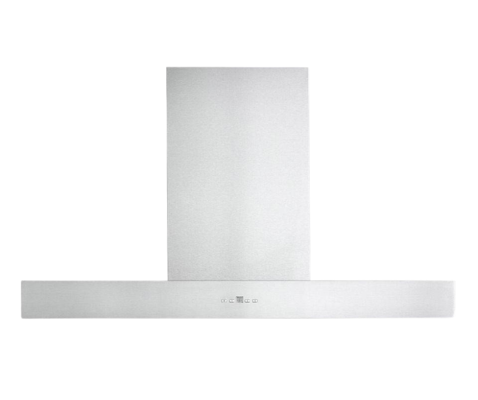 A modern stainless steel kitchen range hood with digital touch controls.