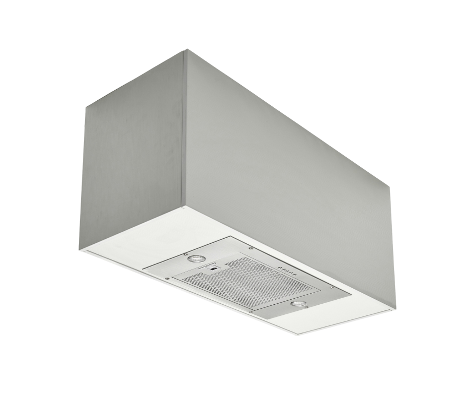 Modern white rectangular, integrated ceiling range hood with ventilation grill and control panel.