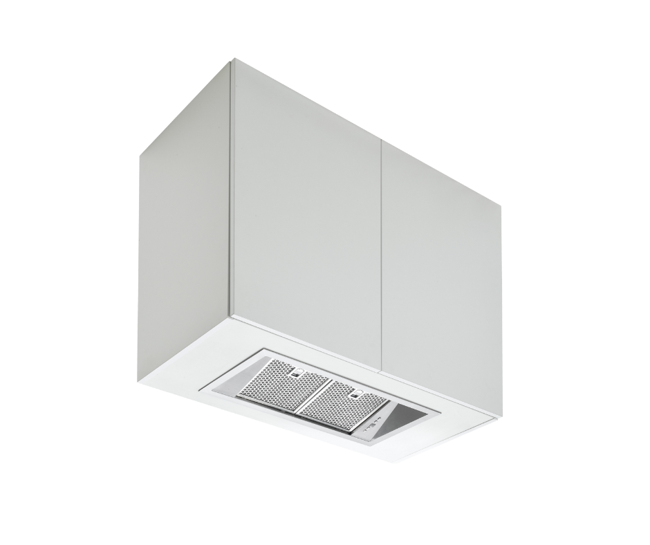 Ceiling-mounted, integrated kitchen range hood with built-in ventilation filters.