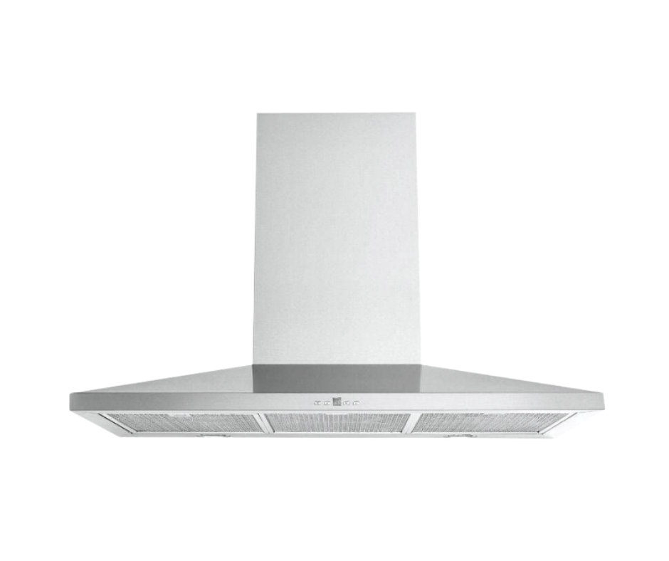 Silver kitchen range hood with a chimney extending upward.