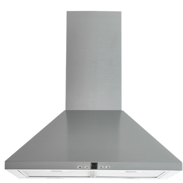Stainless steel kitchen range hood with control buttons and digital display.