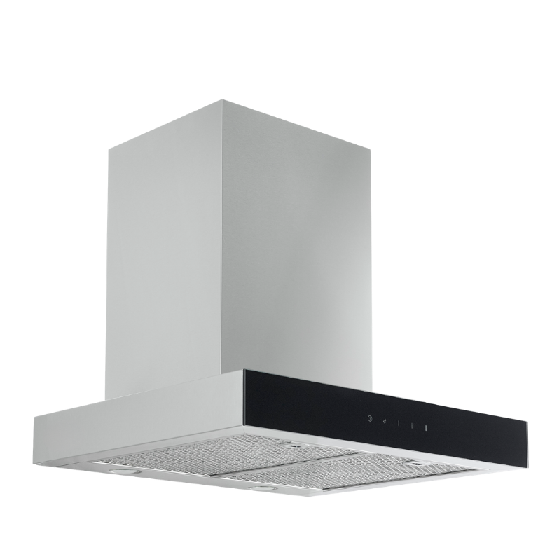 Modern kitchen range hood in stainless steel with black glass detail design.