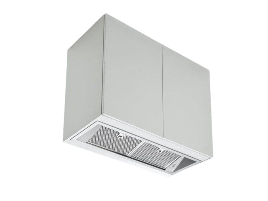 Ceiling-mounted integrated rangehood vent with two adjustable louvers.