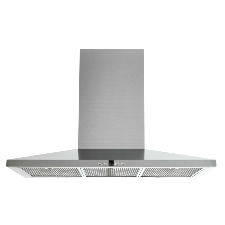 Stainless steel kitchen range hood with control panel and ventilation grille