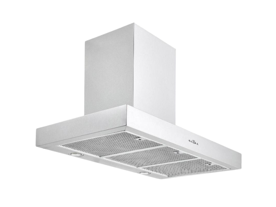 A stainless steel kitchen range hood mounted on a black background.