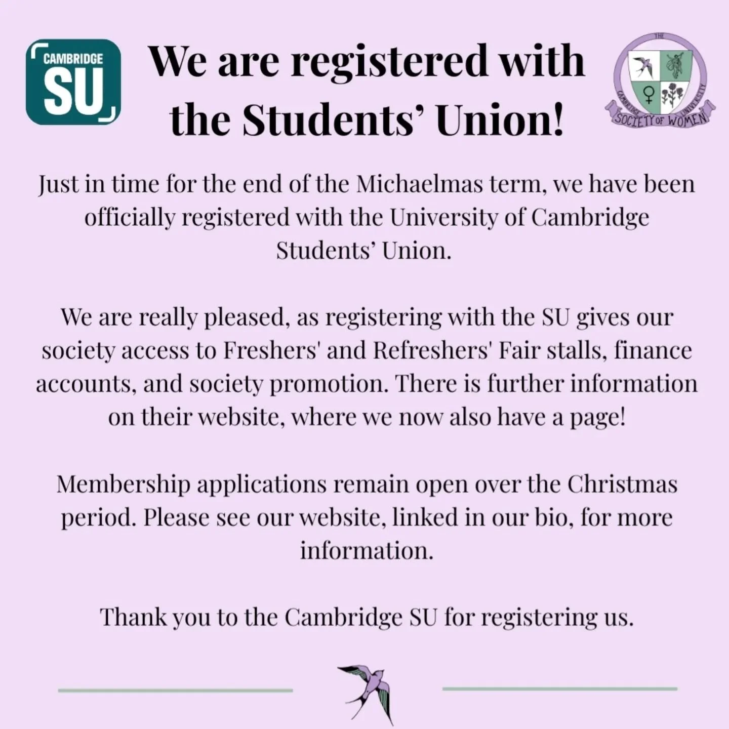We are now registered with the Cambridge SU! Another great step for CUSW to end a great first term. See our bio for website, membership information and more.
