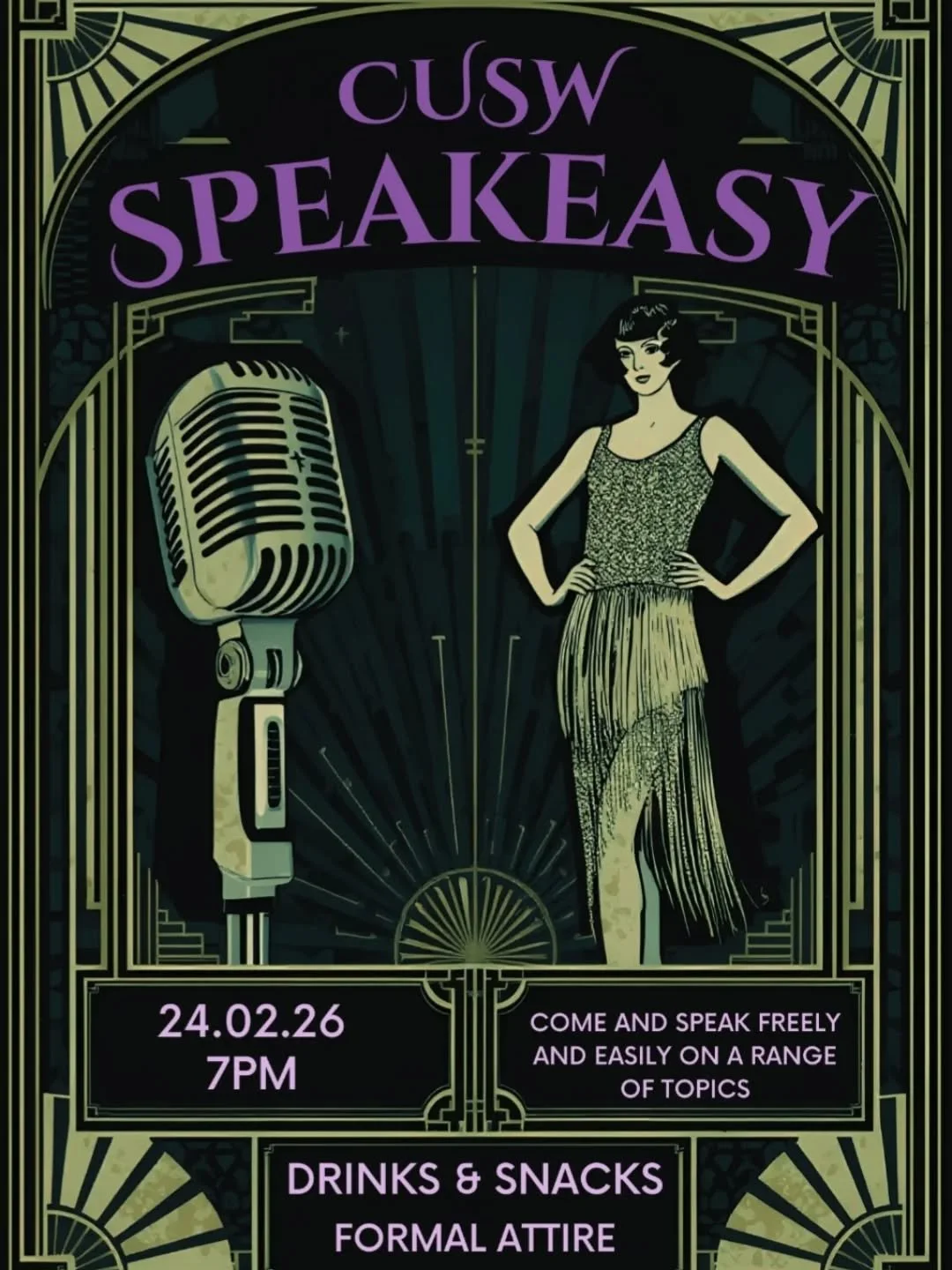 ✨️EVENT ANNOUNCEMENT✨️

All members are invited to come along to our 'speakeasy' event this Tuesday 24 February. Dress up (if you'd like!) and have a chat in a social environment, exploring timely topics and questions suggested by your committee. Spe