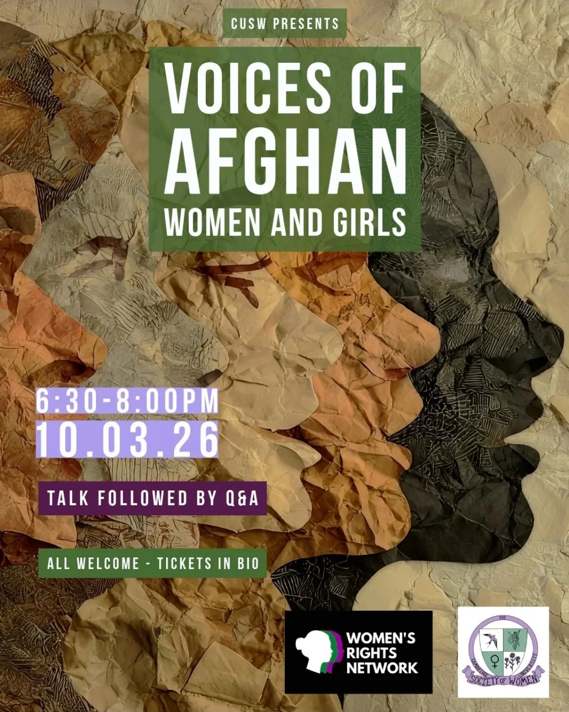 🌟EVENT ANNOUNCEMENT🌟

The Cambridge University Society of Women is proud to present our next guest speaker event, &lsquo;Voices of Afghan Women and Girls,&rsquo; in collaboration with the Women's Rights Network.

🗓 10th March 2026
🕖 18:30 (doors 