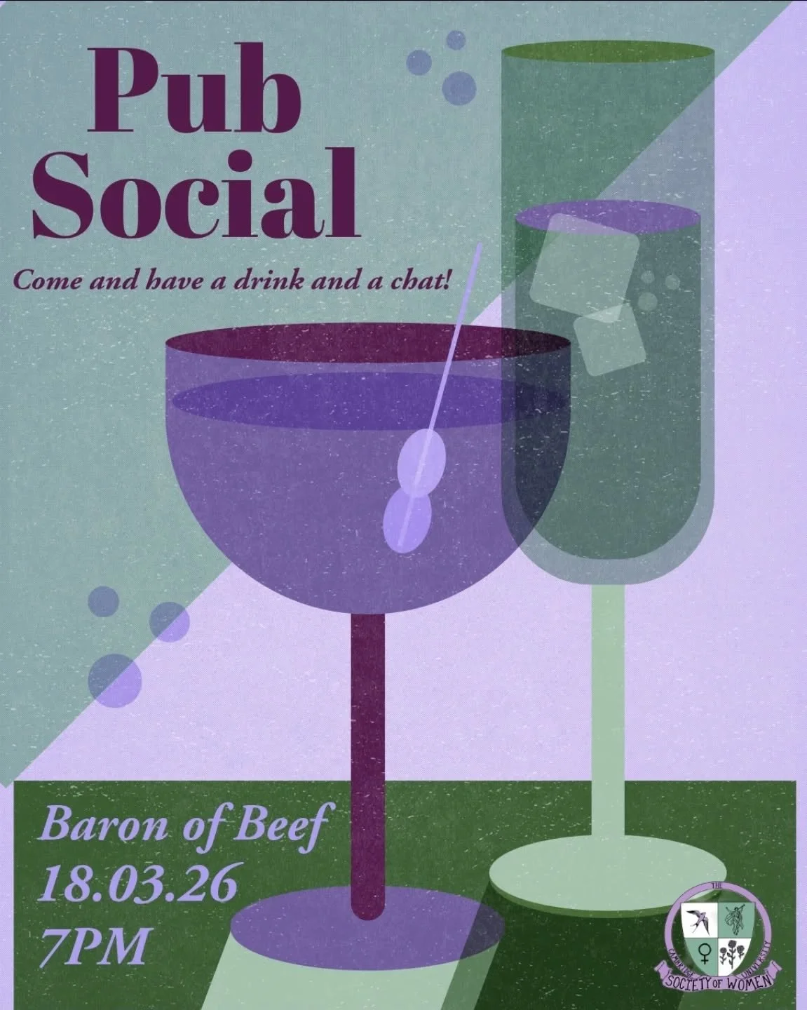 🍻PUB SOCIAL🍻

Reminder for all members that our last pub social is TONIGHT - come along from 7PM to say goodbye to Lent Term and hello to spring!

See you there 💚🤍💜