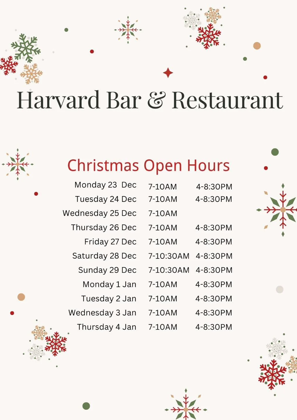 🎄We&rsquo;re excited to share our updated Christmas and New Year opening hours for the restaurant:

📅 Plan your festive gatherings with us and enjoy the holiday season with delicious meals and great company.

Wishing you and your loved ones a Merry
