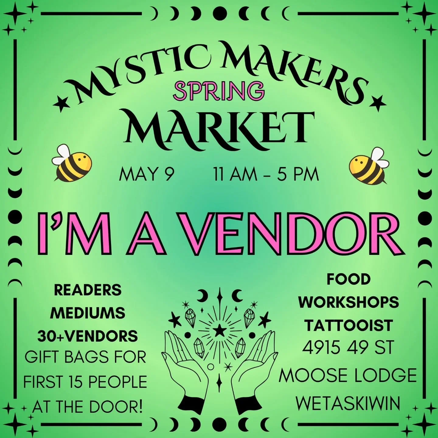 I&rsquo;m so pumped to be heading back to @themysticmakersmarket A full day of readers, tattoos, workshops, and 30+ incredibly magical makers 🖤 🐝

Moose Lodge, Wetaskiwin (4915 49 St)
May 9th | 11 AM &ndash; 5 PM
First 15 people through the door ge