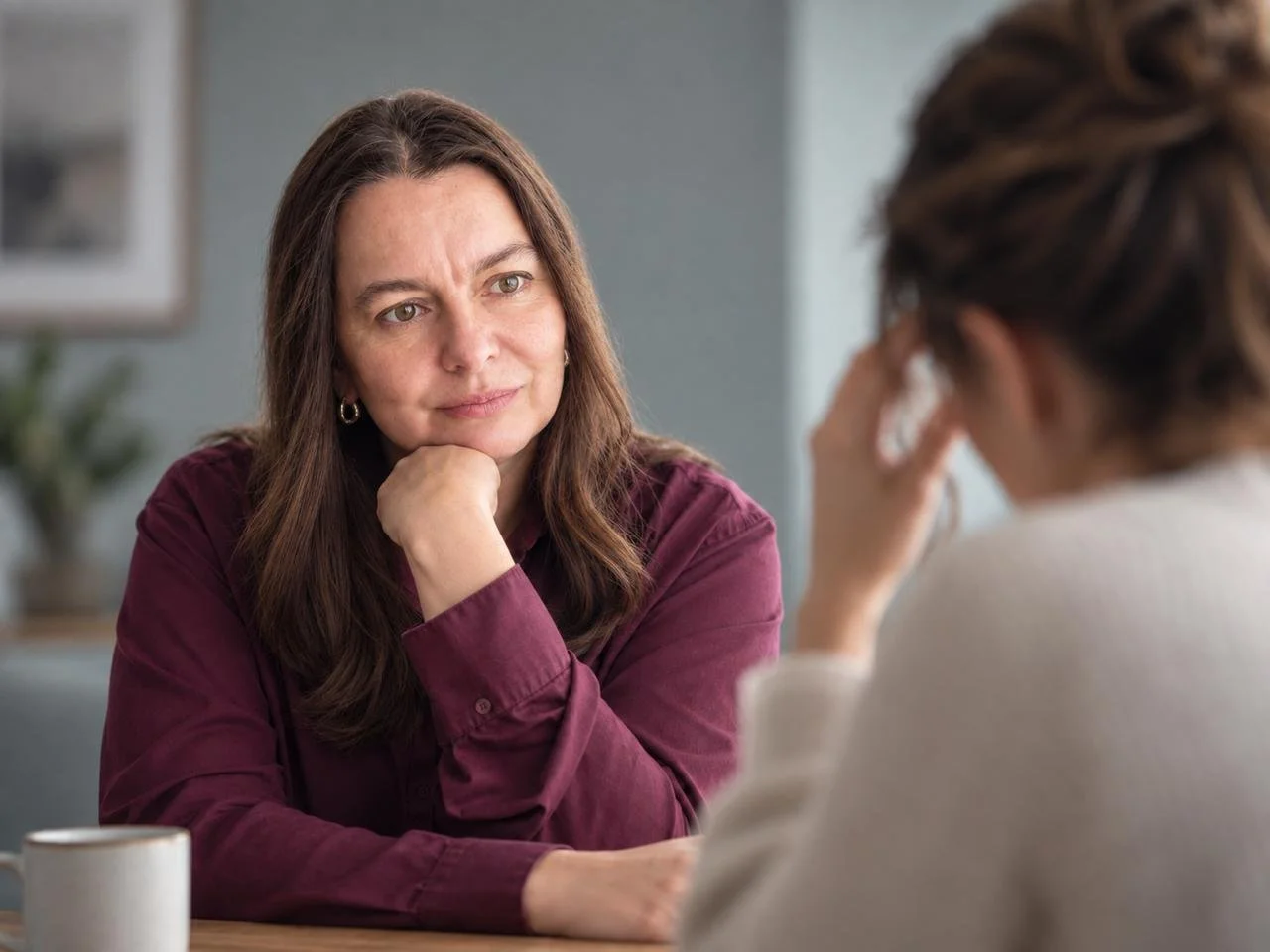 Two people in a one-to-one conversation at a table, one listening attentively