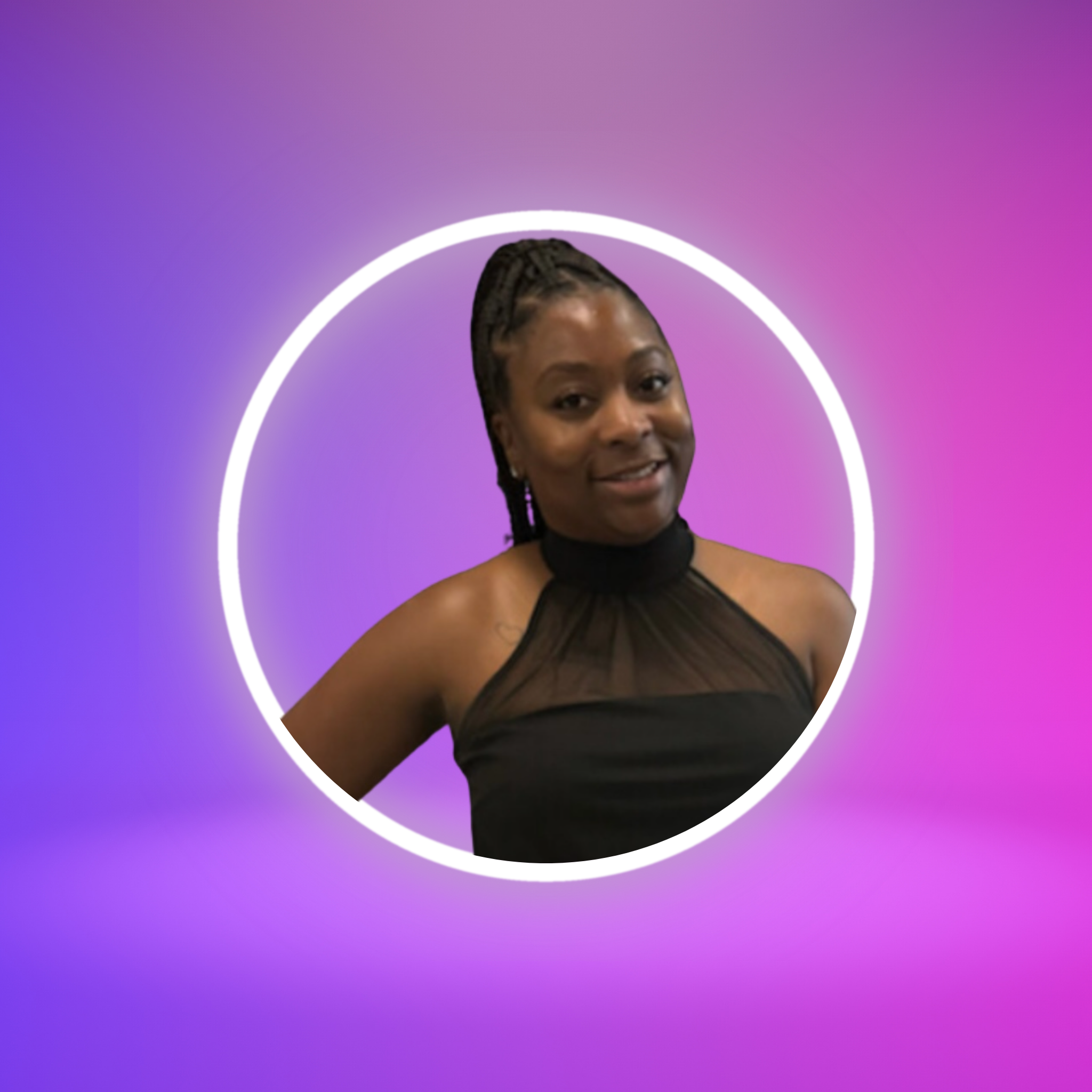 A woman with braided hair dressed in a black sleeveless top with sheer fabric, smiling in front of a purple and pink gradient background with a white circular outline around her.