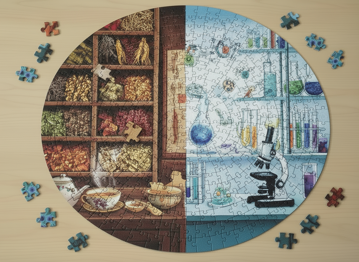 Puzzle with herbs and lab equipment