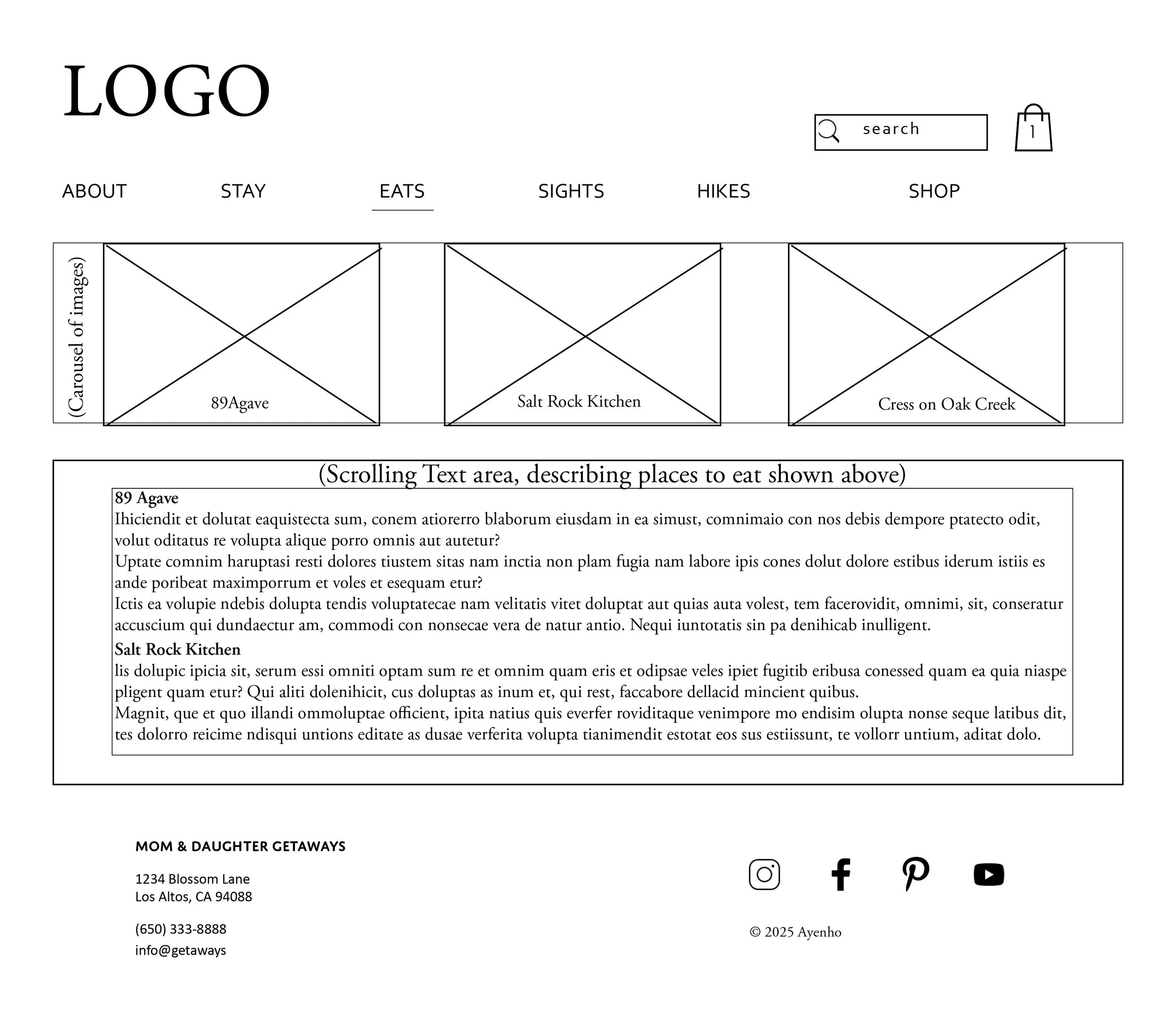 Wireframe for image carousel and scrolling text area