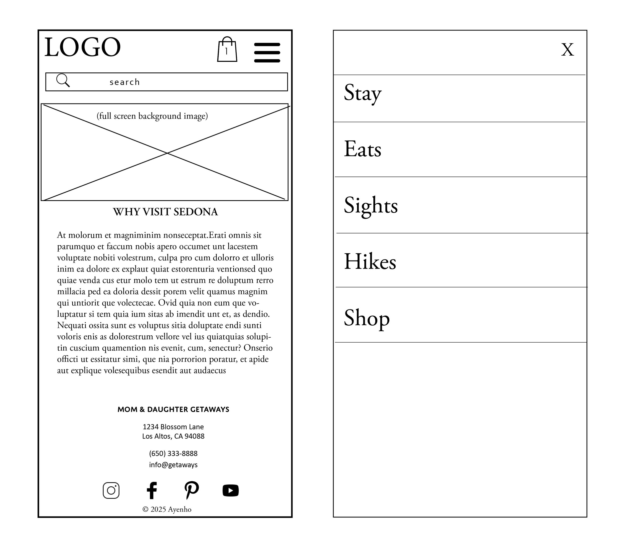 Mobile view for homepage and menu
