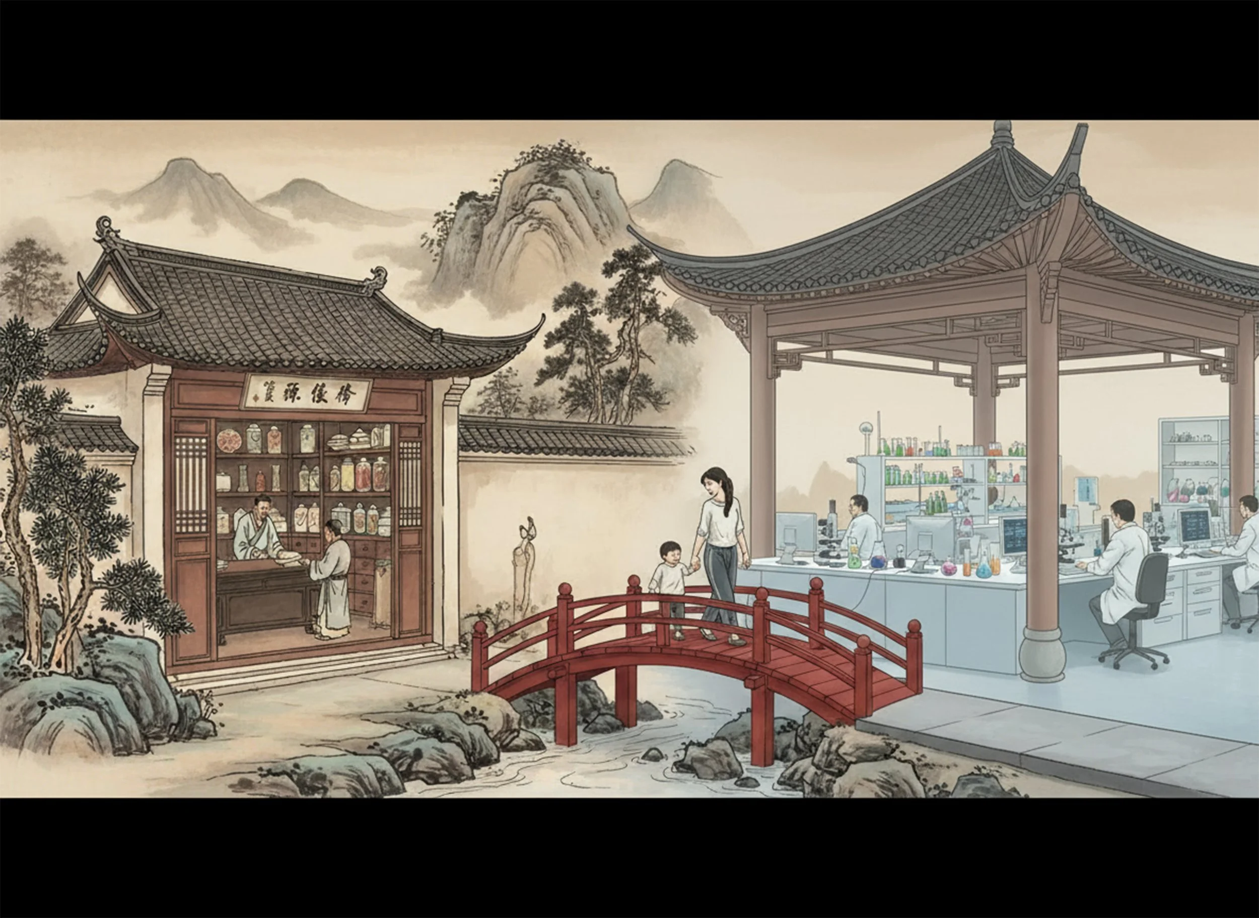 Simple red bridge connecting apothecary and science lab