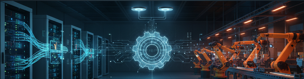 A high-tech manufacturing facility with robotic arms assembling products, servers and data centers on the left, and a glowing digital gear interface in the center.