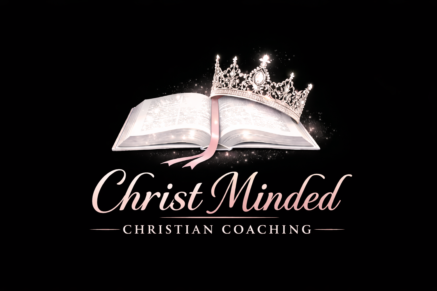 Christ Minded Christian Coaching logo with Bible, pink ribbon bookmark, and tiara