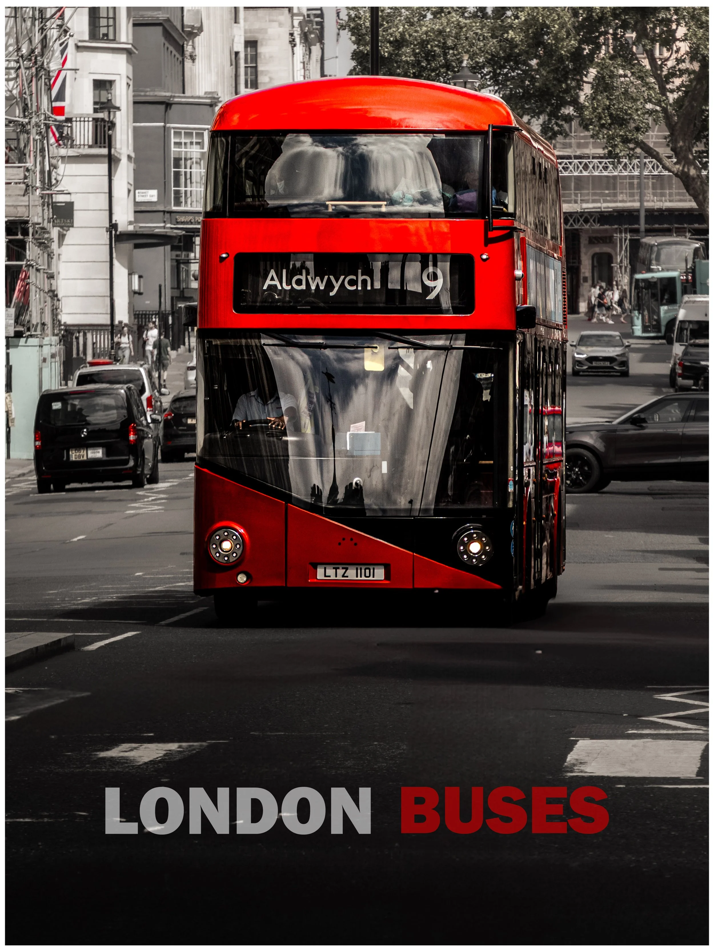 A red double-decker bus on a city street in London, with the destination 'Aldwych' displayed, surrounded by cars and buildings.