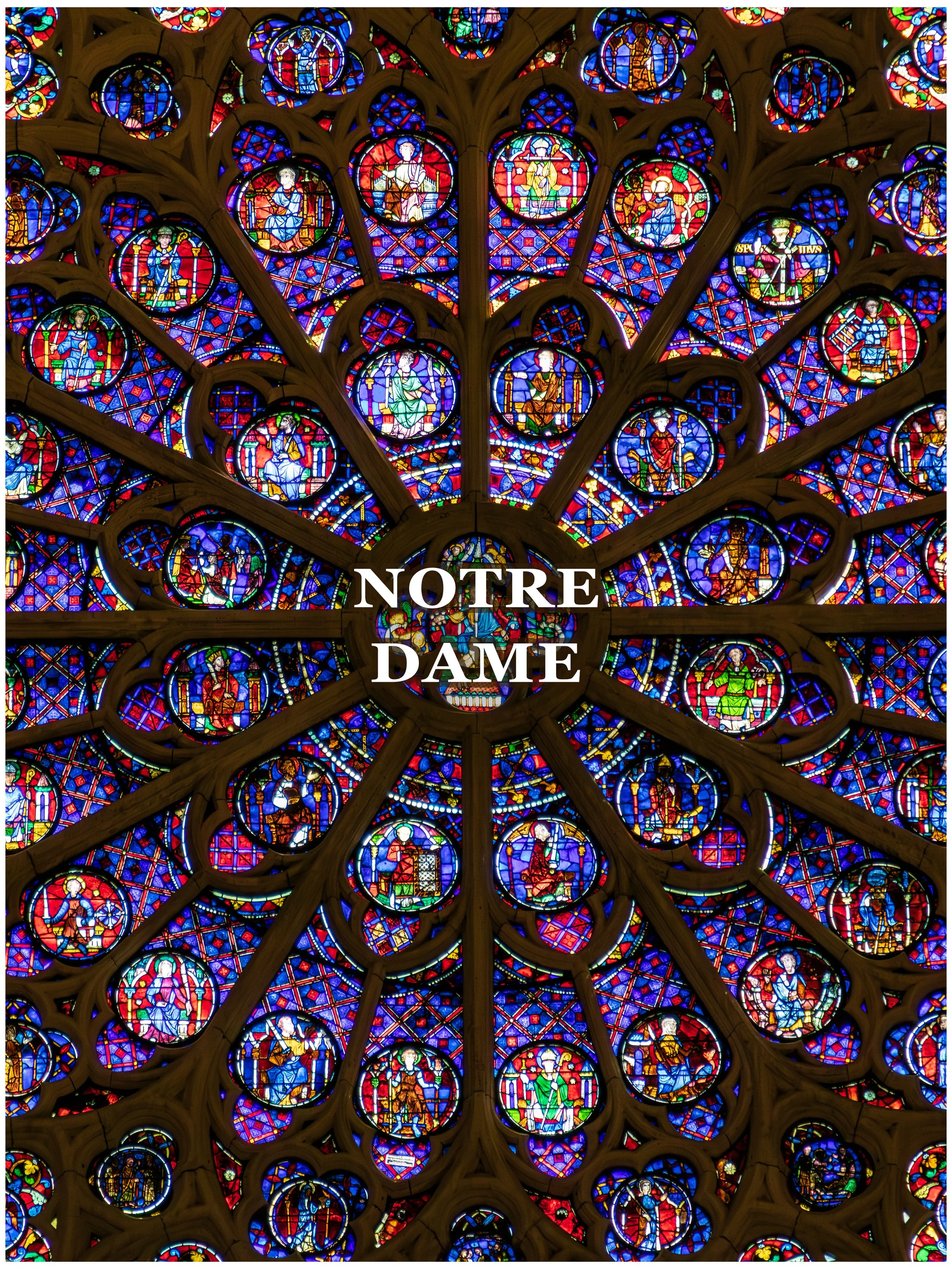 Colorful stained glass window of Notre Dame.