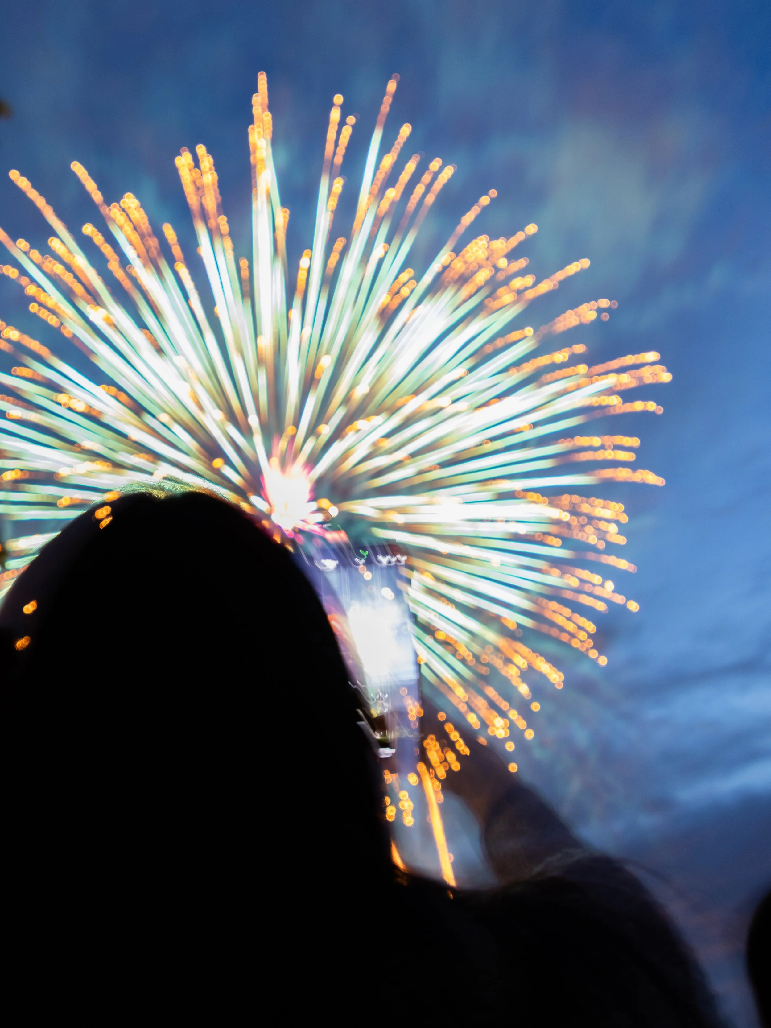 Person taking a photo of colorful fireworks exploding in the night sky.