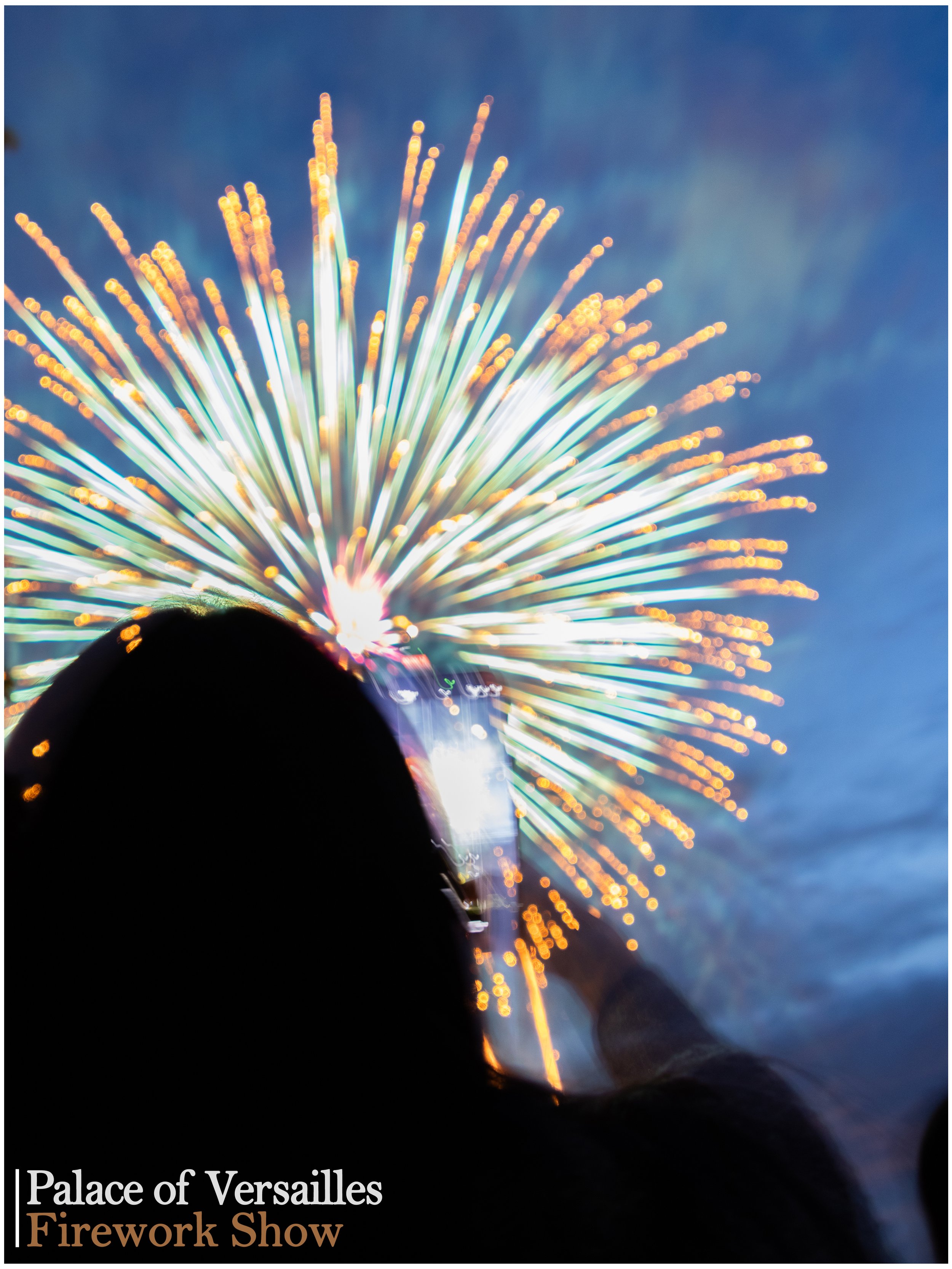 Silhouette of a person watching a fireworks display at night sky. The fireworks are colorful and bright, with streaks radiating outward. Text at the bottom left reads "Palace of Versailles Firework Show."