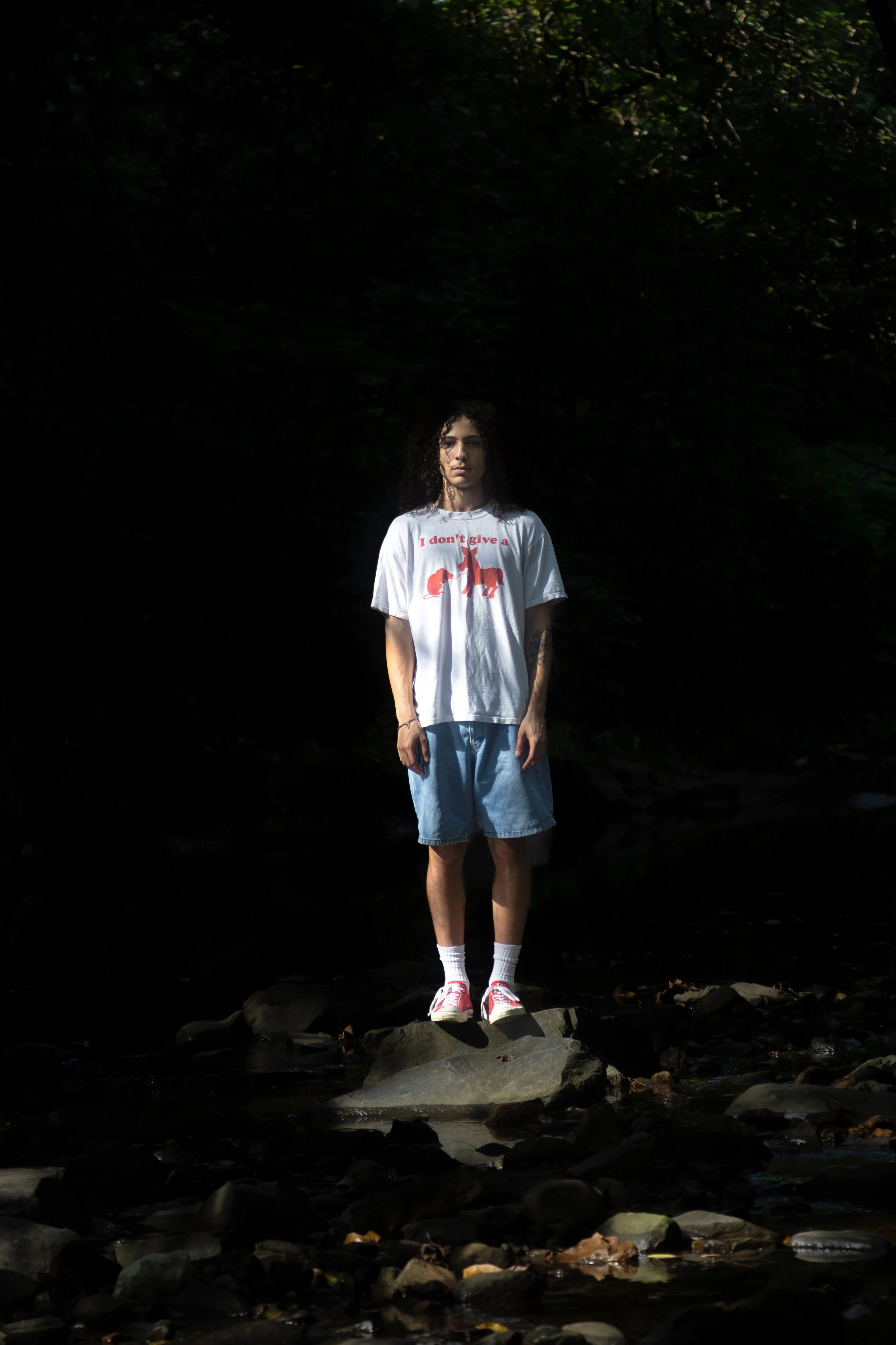 A young woman standing on a rock in a stream, surrounded by a dark, wooded area, with sunlight highlighting her.