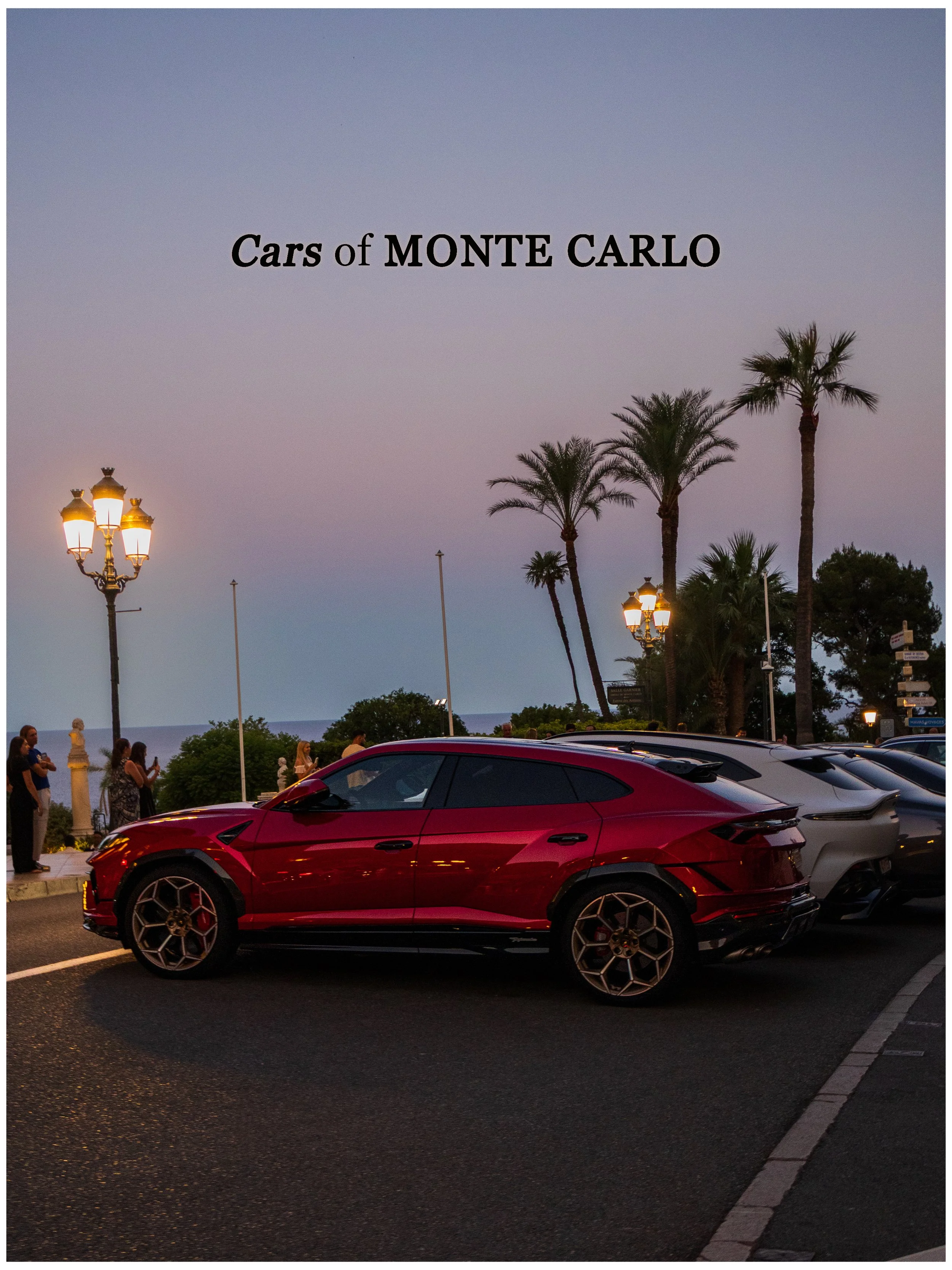 A red luxury car parked along a street at sunset, with palm trees, street lamps, and people in the background, under a sky transitioning from pink to purple.