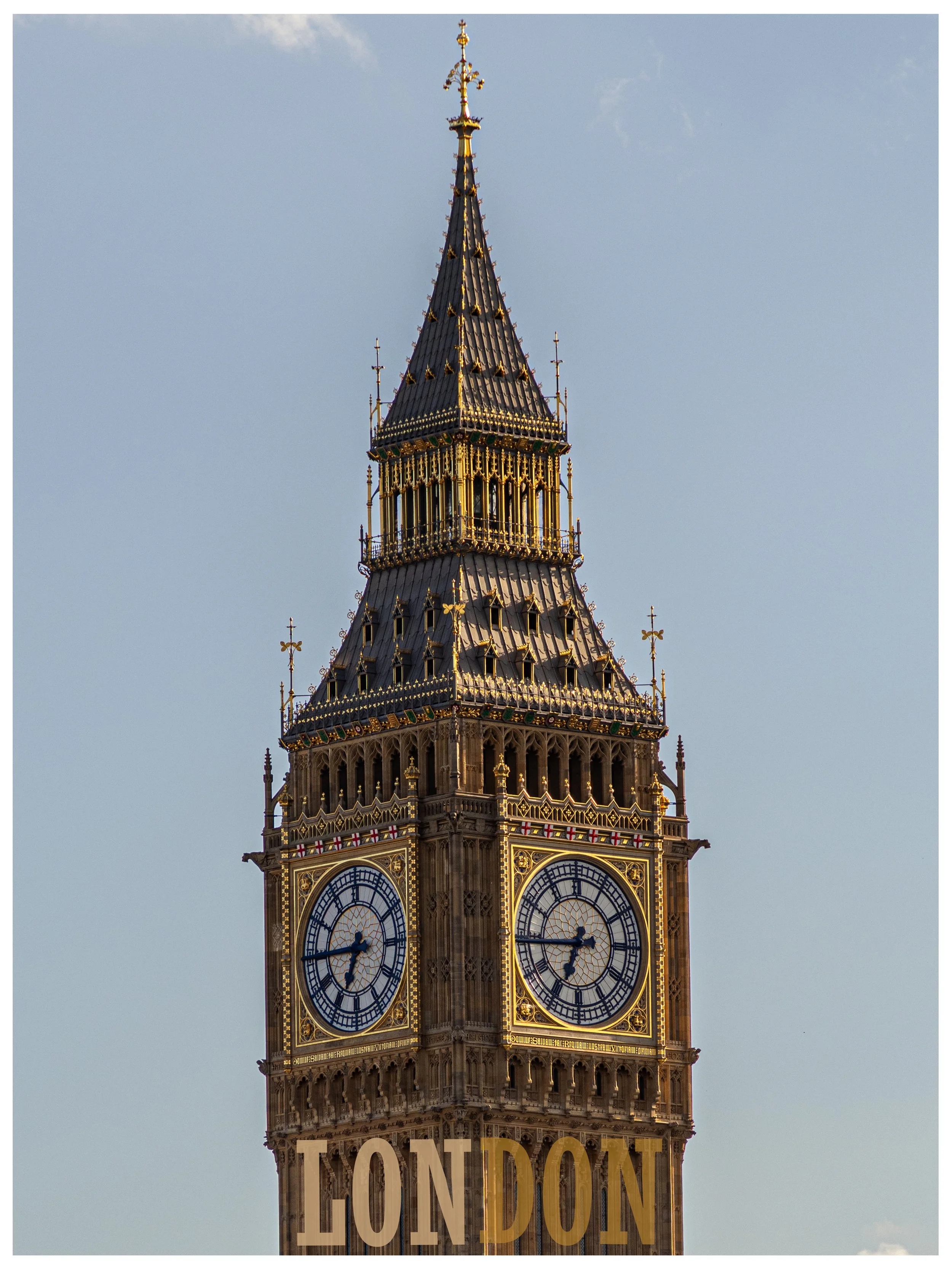 Close-up of Big Ben clock tower in London with the word 'LONDON' overlaid at the bottom.