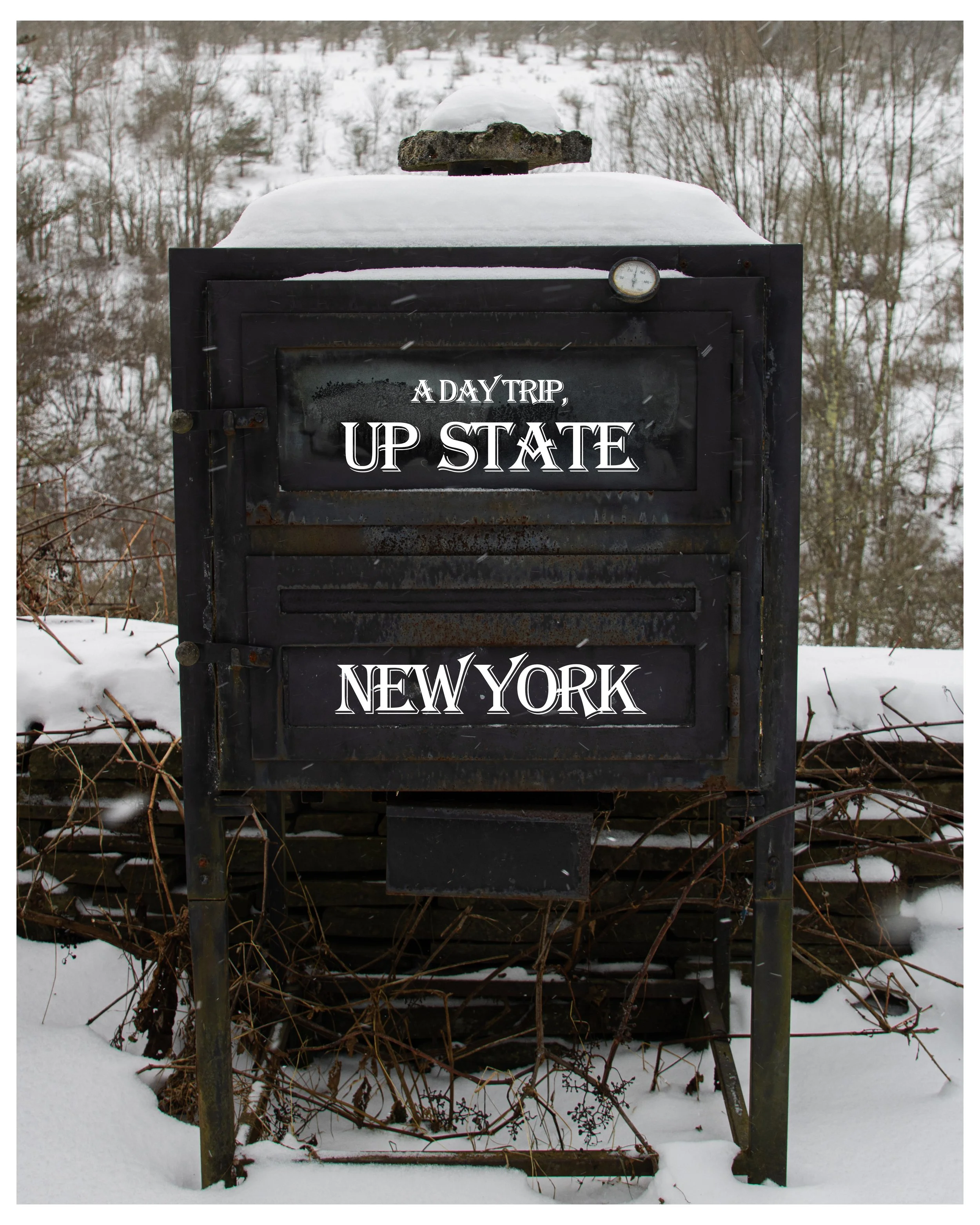 An old black mailbox with snow on top and vines at the bottom, displaying the text "A DAY TRIP, UP STATE, NEW YORK" in white letters.