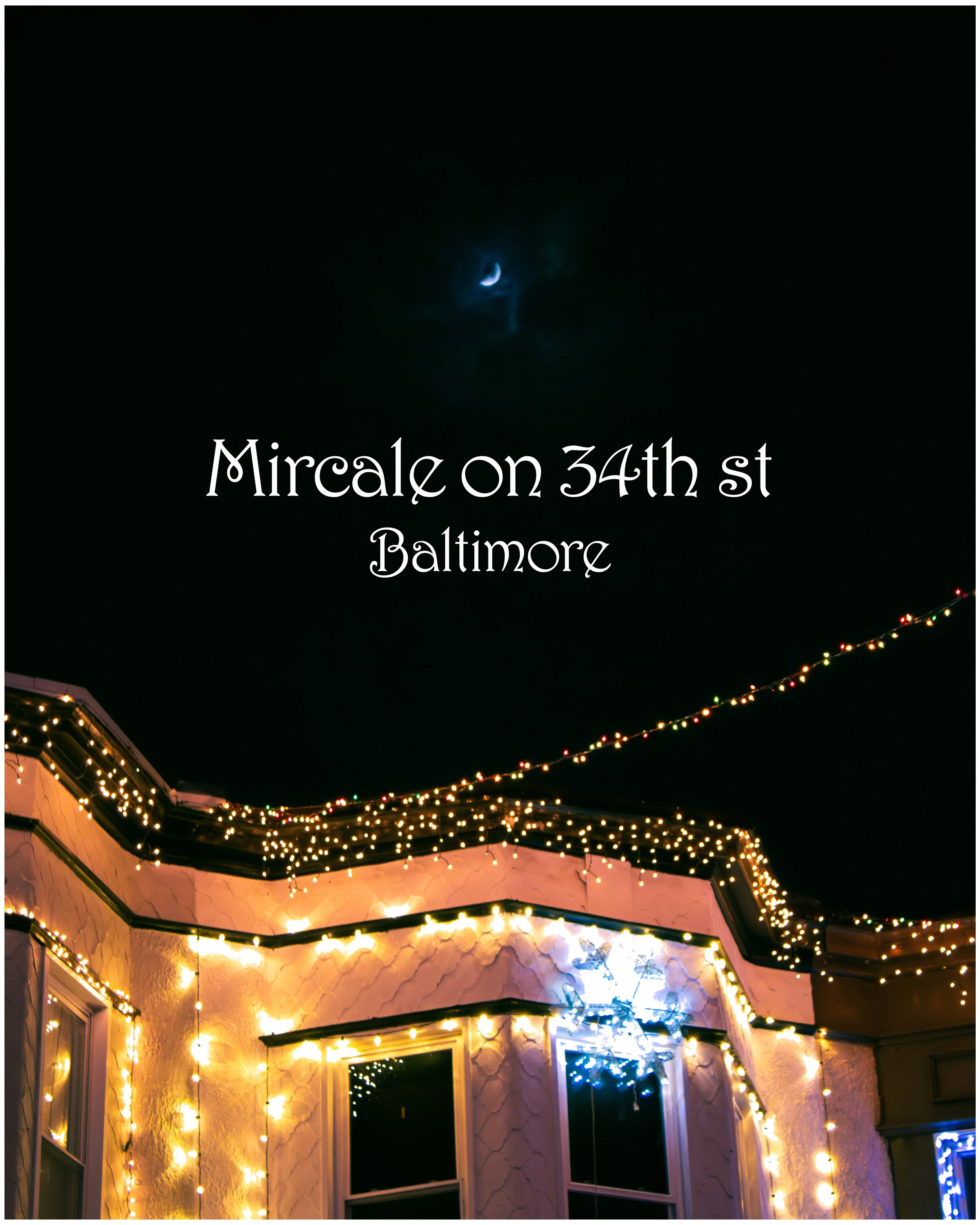 A house decorated with string lights at night, with a dark sky and a small crescent moon visible overhead.