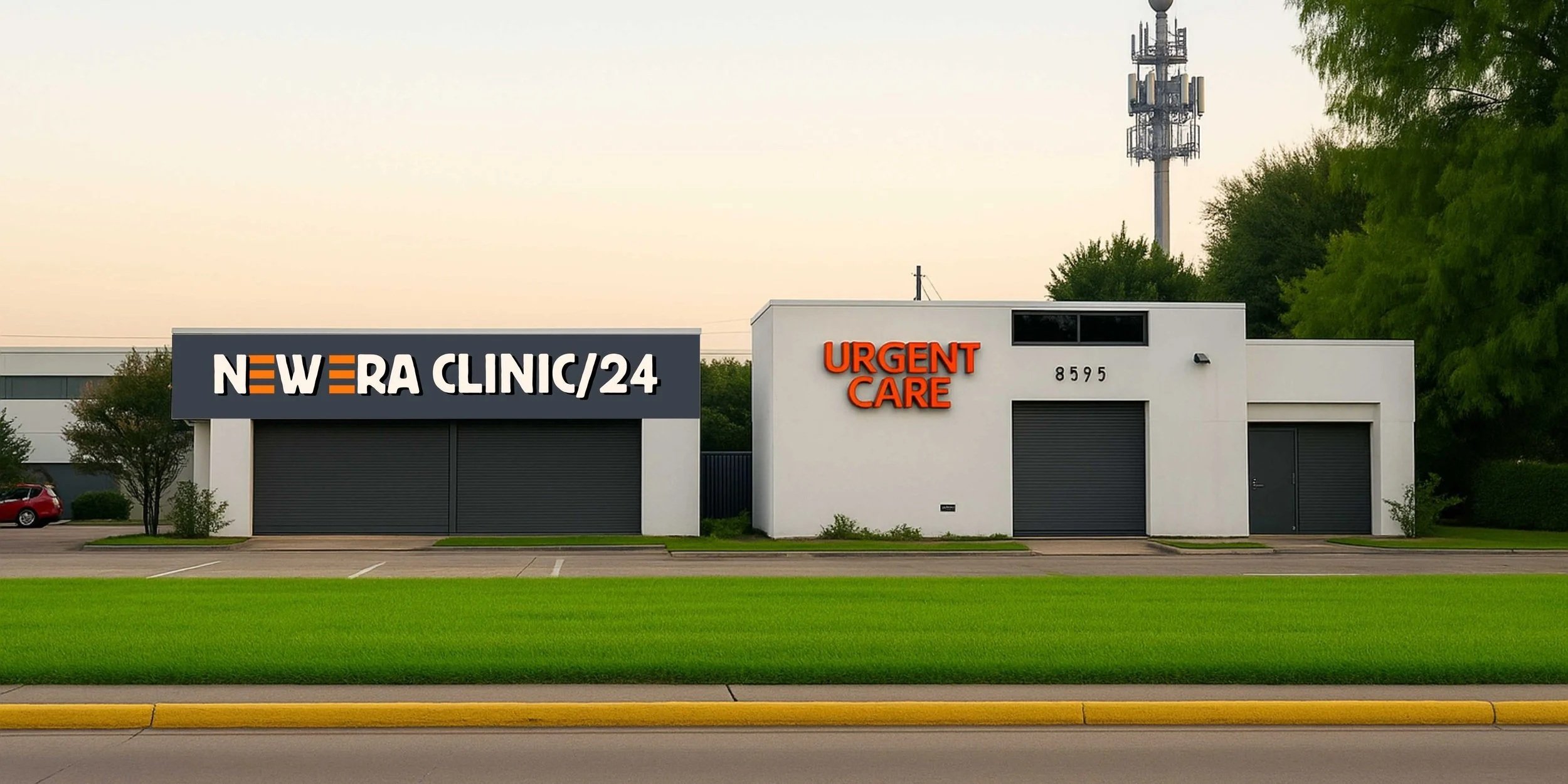 White clinic building with black and red signs reading "NEW ERA CLINIC/24" and "URGENT CARE," located at 8595, with a parking lot in the foreground and trees and a cell tower in the background.