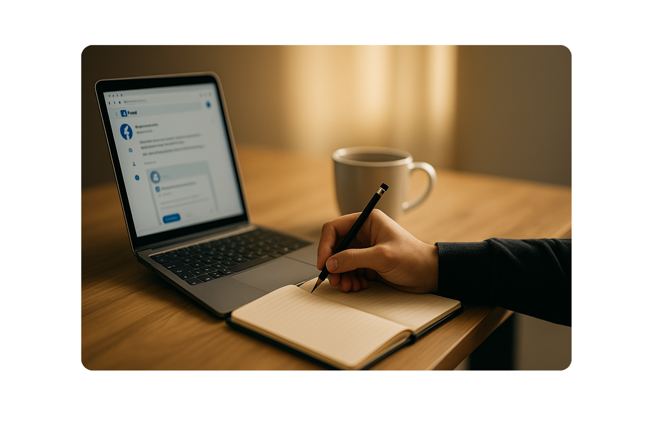 Person schreibt in ein Notizbuch, mit einem Laptop und einer Kaffeetasse auf einem Holztisch, in einem warm beleuchteten Raum.