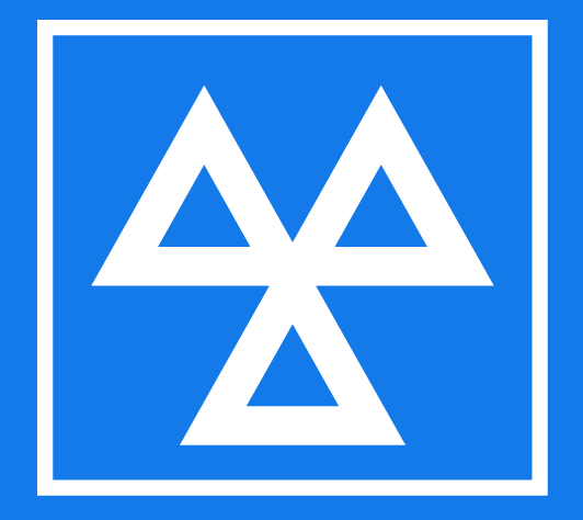 A blue square sign with white geometric symbols resembling triangles and a central line, forming a symmetrical pattern.