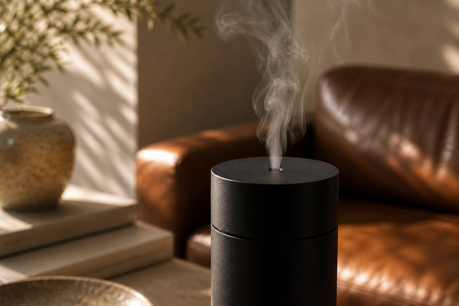 A black essential oil diffuser emitting mist in a cozy living room with a leather sofa and a plant in the background.