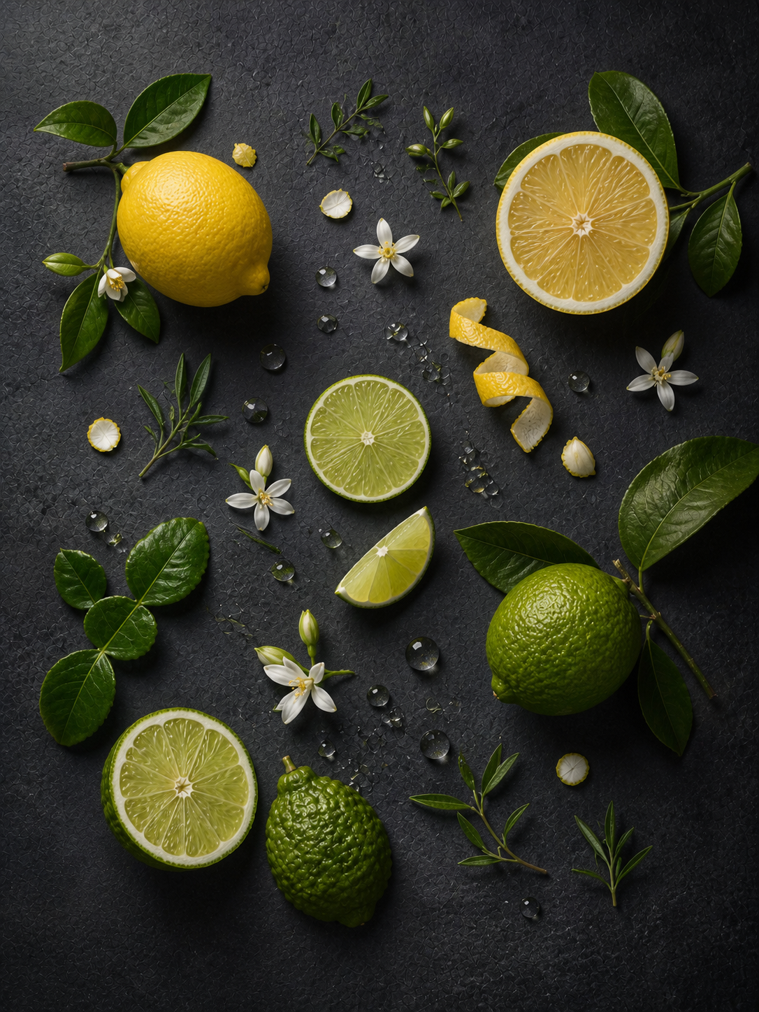 Lemons, limes, and kaffir lime with leaves, white flowers, lemon and lime slices, and water droplets on a dark textured surface.
