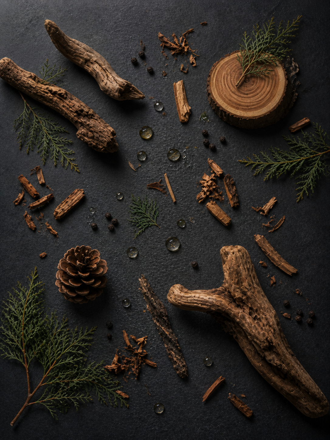 Natural elements including tree branches, pine cones, pieces of bark, and water droplets on a dark textured surface.