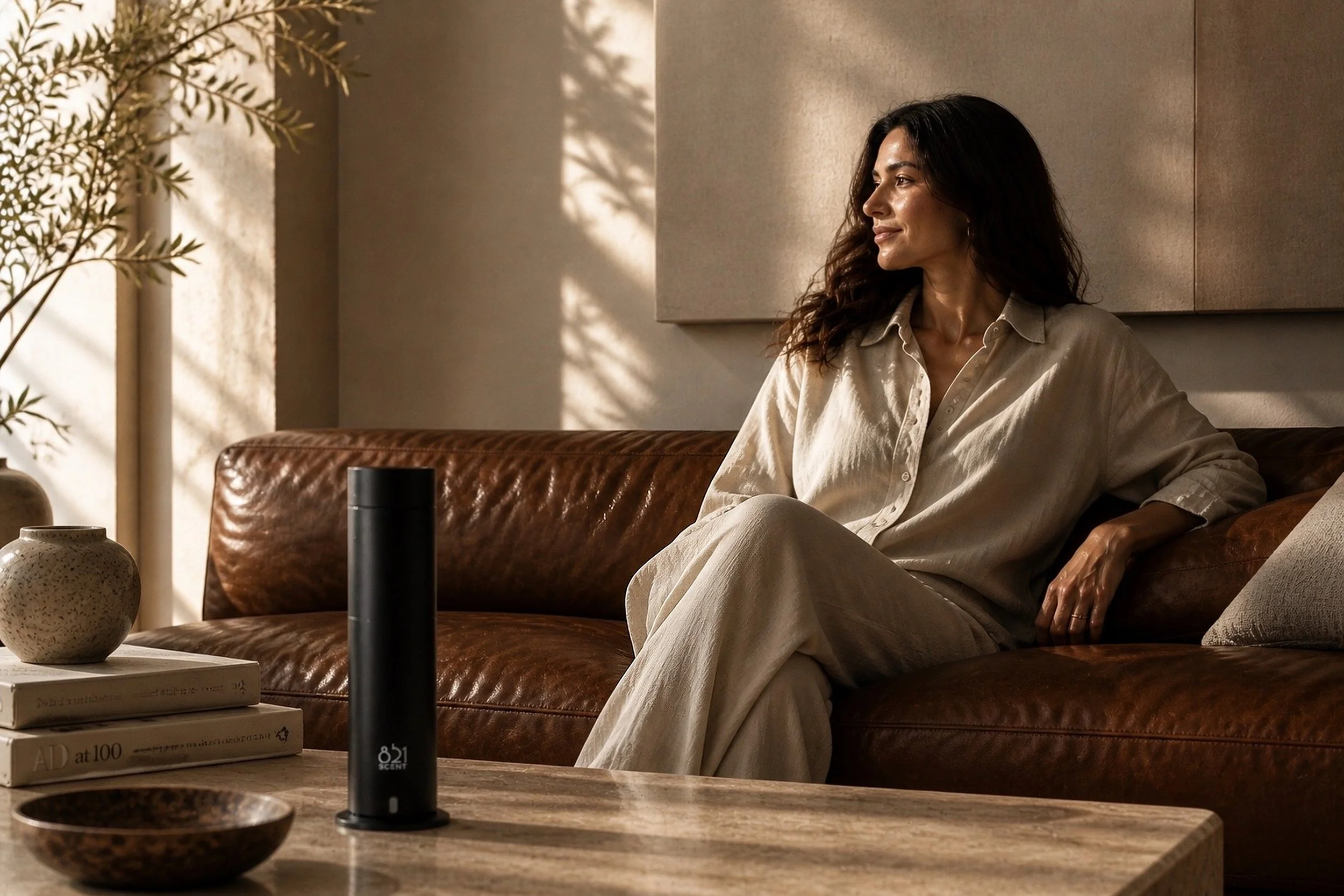 A woman with dark, wavy hair sitting on a brown leather couch, wearing a light-colored button-up shirt and light pants, in a room with beige walls and soft natural lighting.