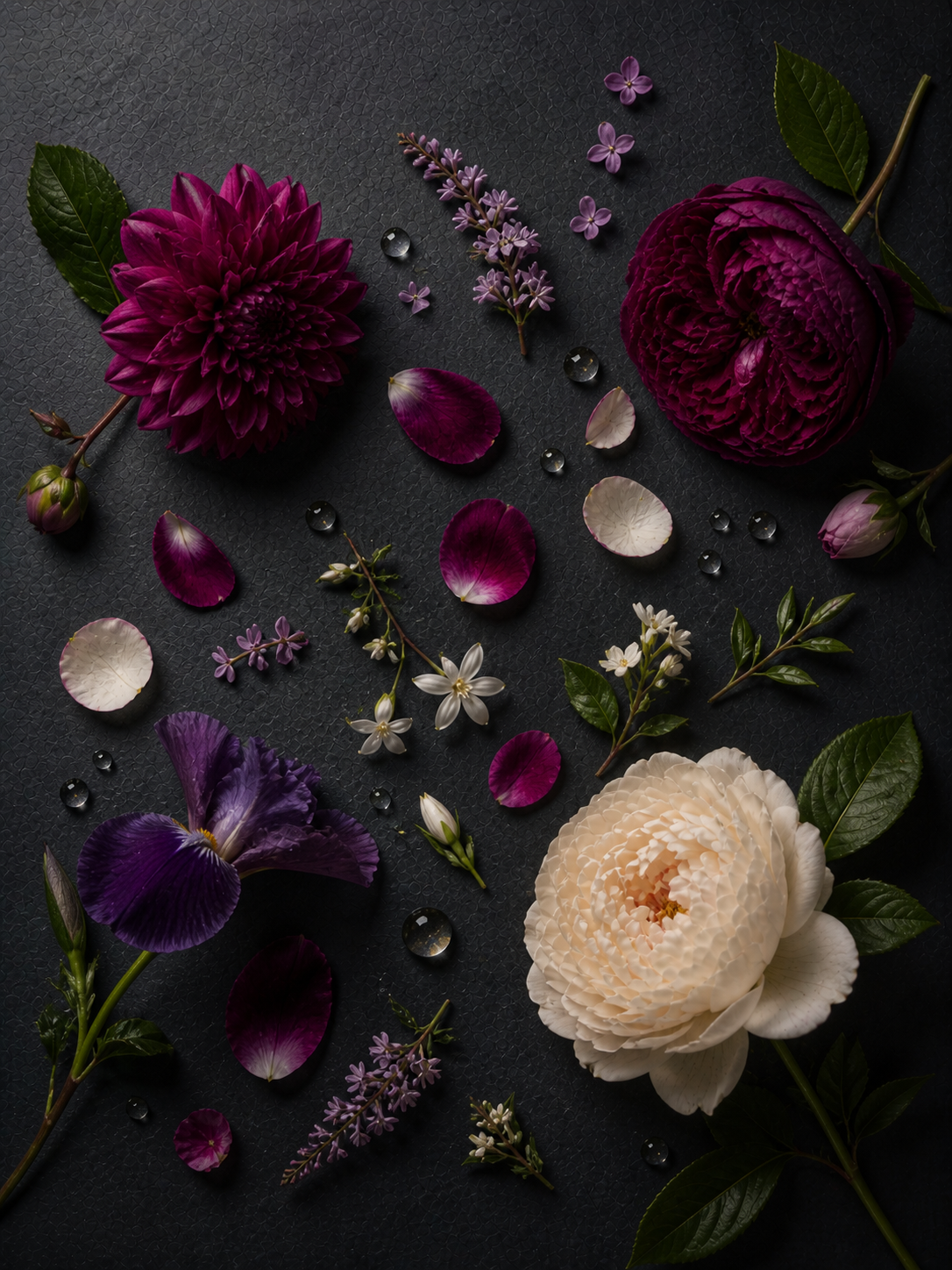 Various flowers and petals arranged on a dark textured surface, including purple dahlias, white peony, purple iris, small white and purple flowers, green leaves, and water droplets.