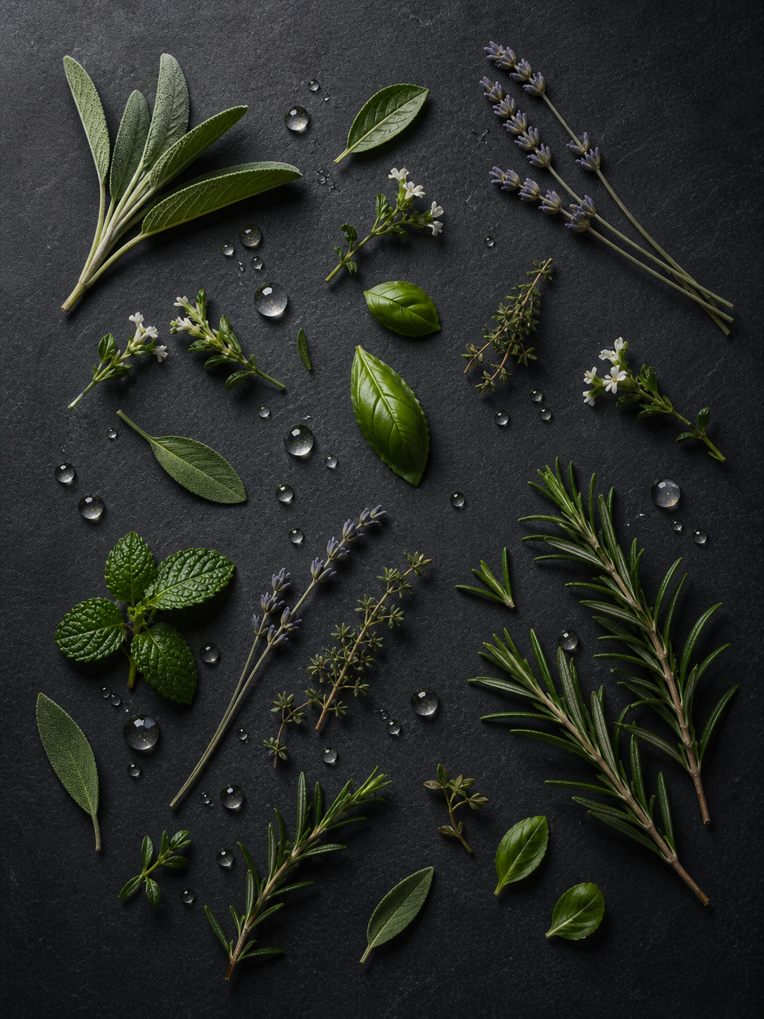 Various fresh herbs including sage, basil, rosemary, thyme, mint, and lavender, scattered on a dark surface with water droplets.