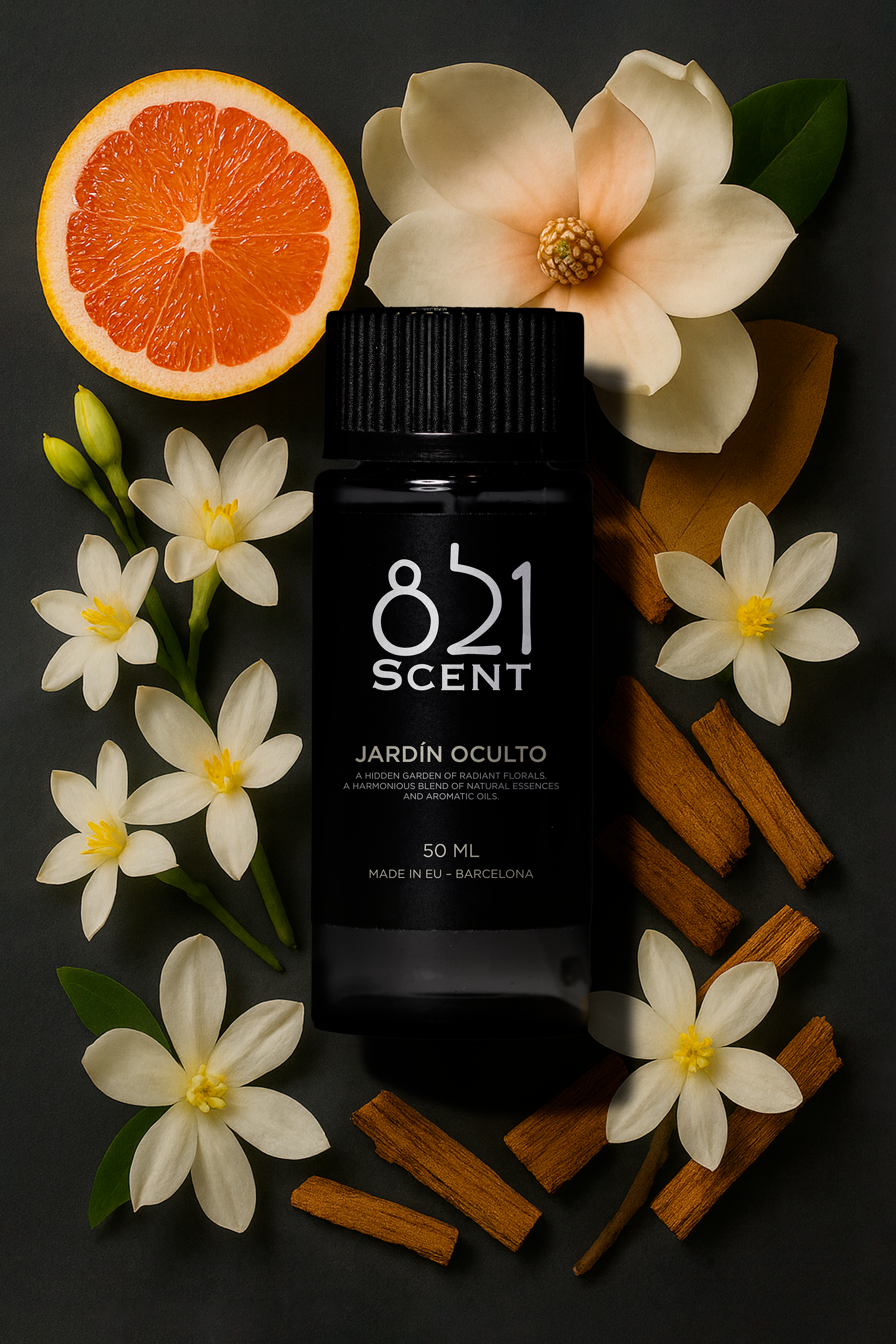 A black bottle labeled '821 Scent' surrounded by white flowers, a halved grapefruit, cinnamon sticks, and green leaves on a dark background.