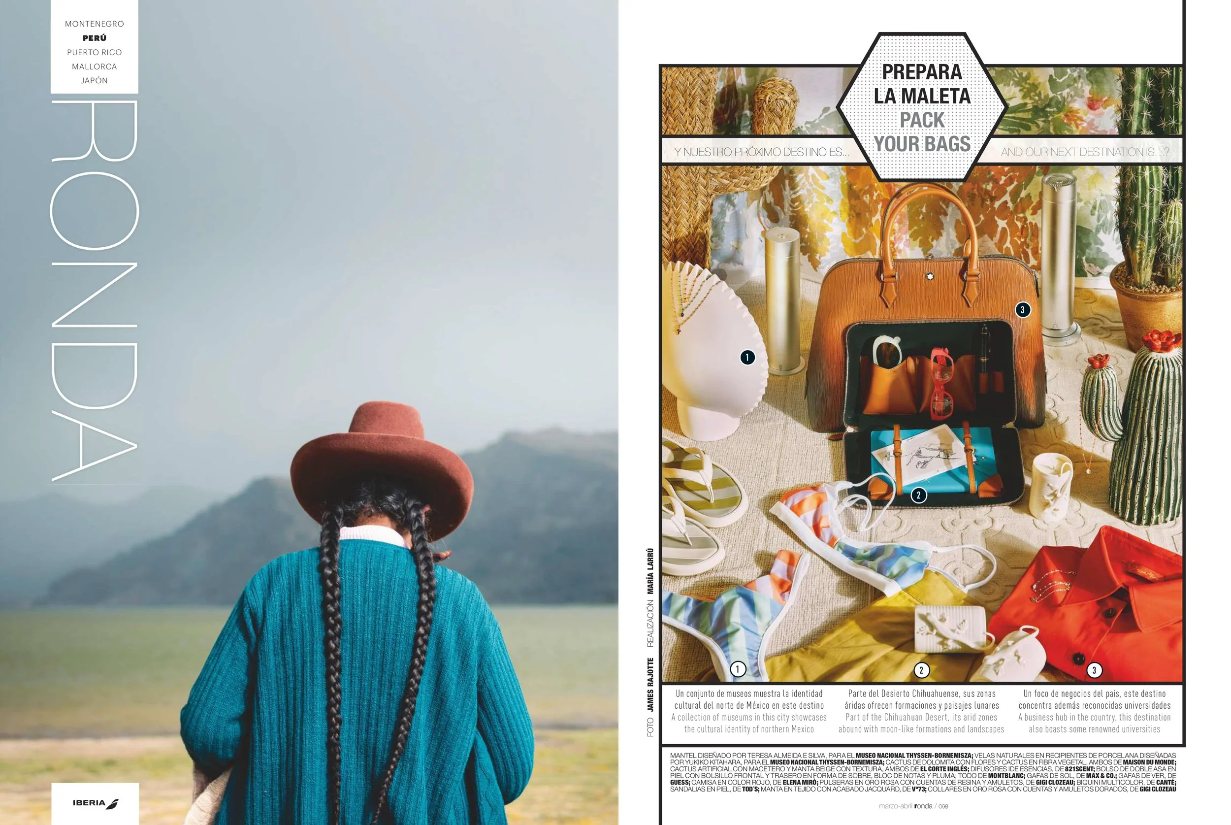 A woman with long braided hair wearing a wide-brimmed hat and teal sweater standing outdoors with mountains in the background on the left side. On the right side, a display of various travel-themed items including a brown handbag, sunglasses, sandals, and cactus decorations, with text in multiple languages about travel destinations and souvenirs.