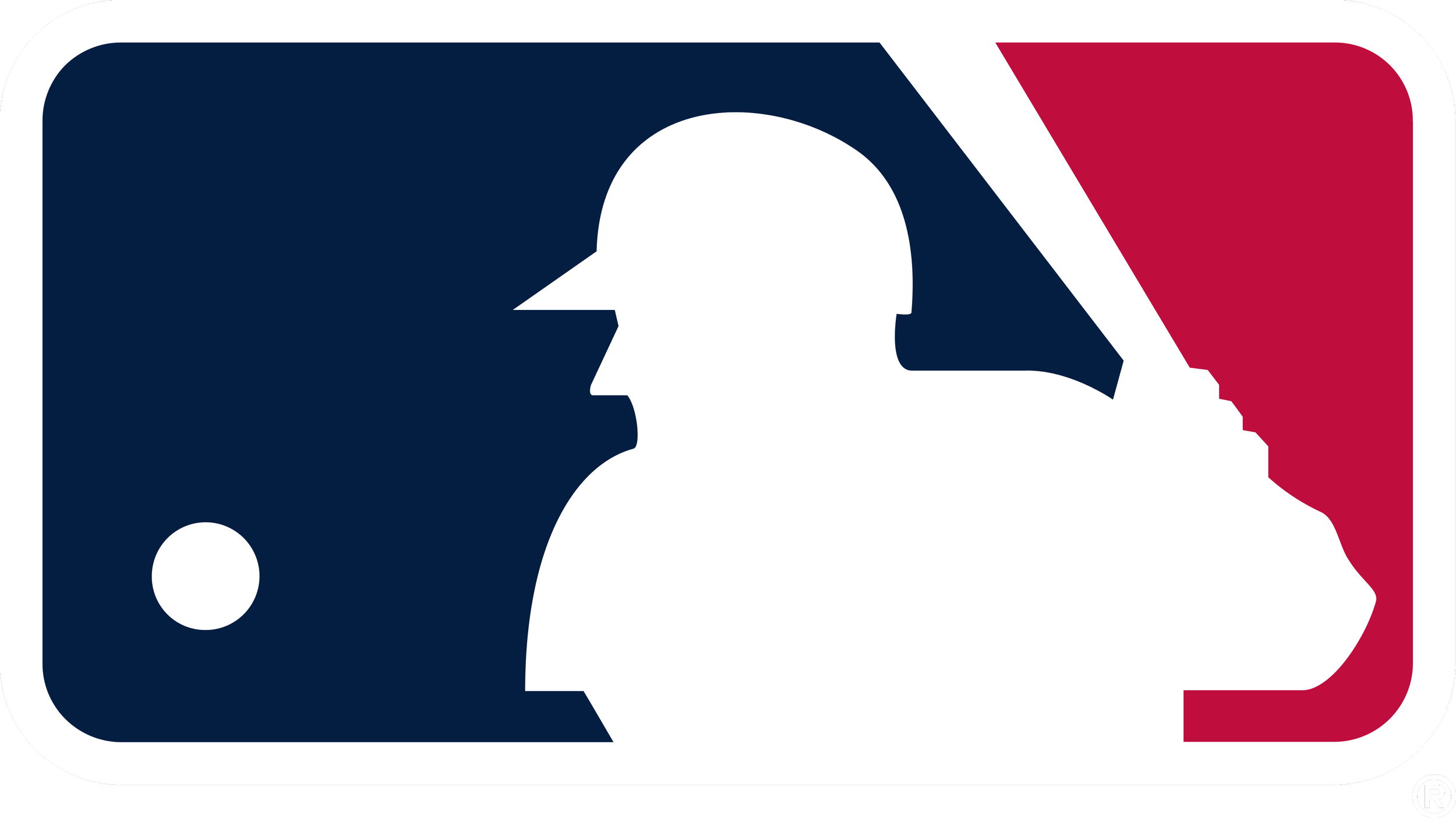 Logo de la Major League Baseball (MLB) avec silhouette d'un joueur de baseball en silhouette blanche, fond en rouge, blanc et bleu.