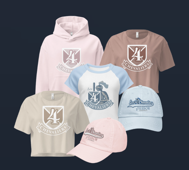 Vêtements et casquettes avec le logo et le nom de Les 4 Chevaliers