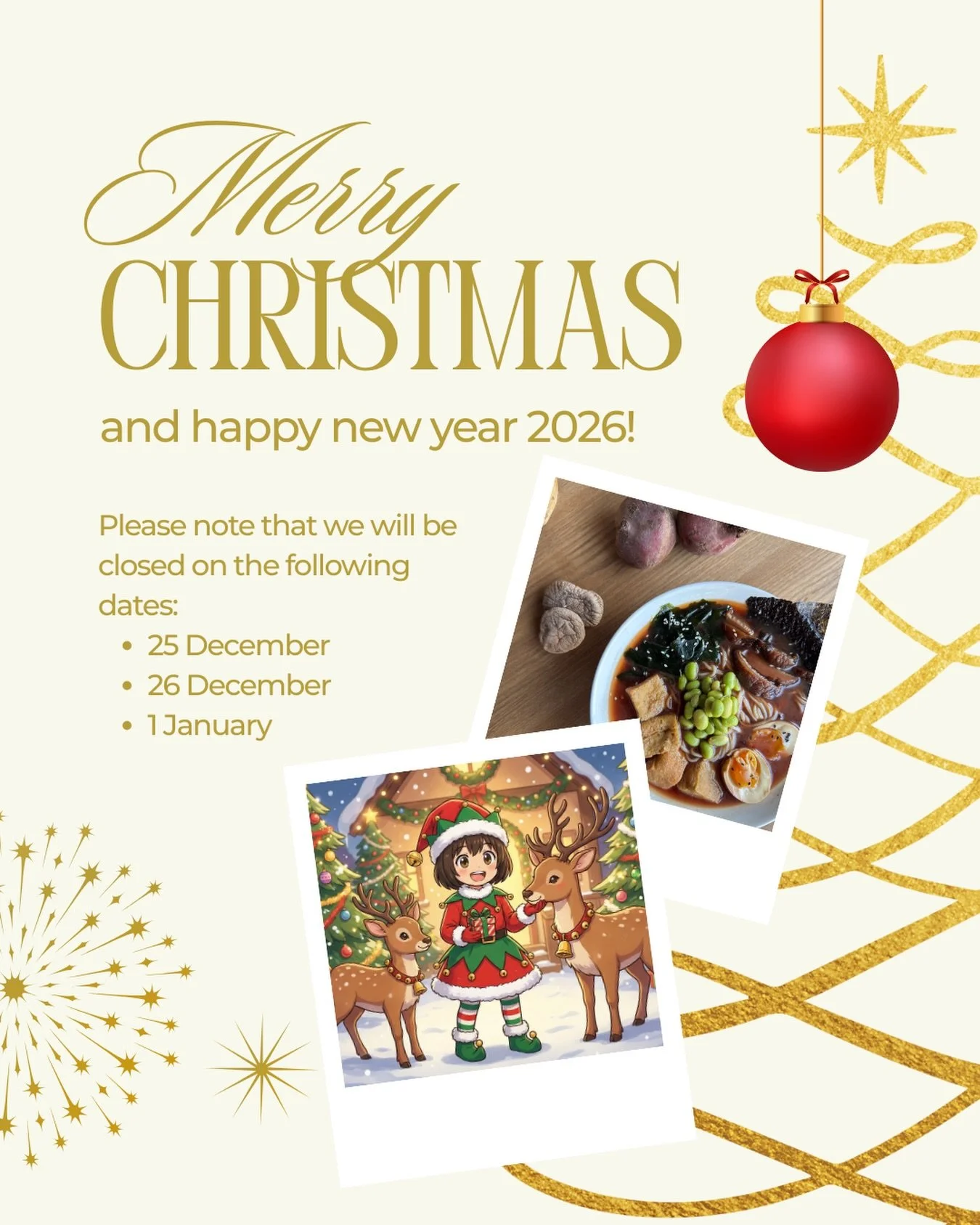 Quick PSA 👋
We are closed on 25 / 26 Dec and 1 Jan.
Open as usual on the other days &mdash; see you then!

#AsianHerbivore #Festive #Christmas #NewYear #2026