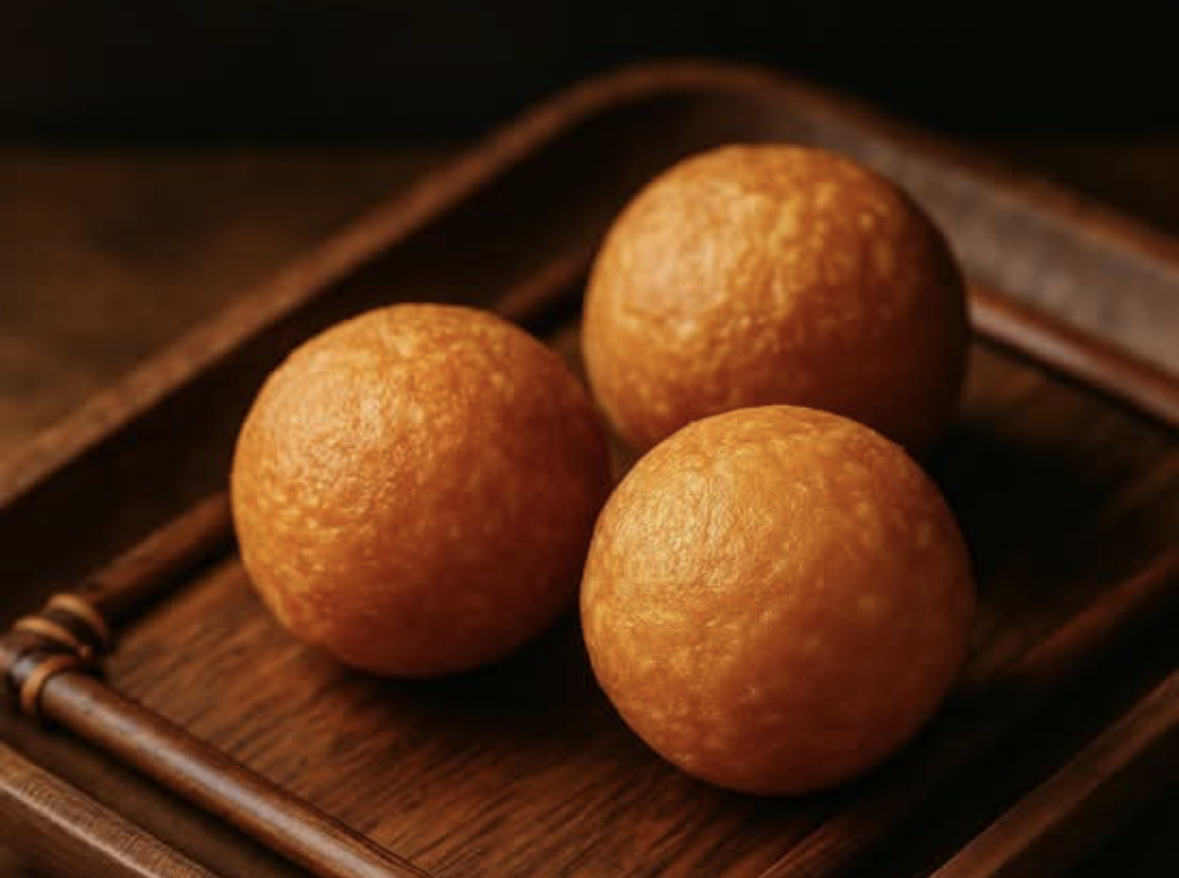 Three sweet potato balls placed on a wooden tray.