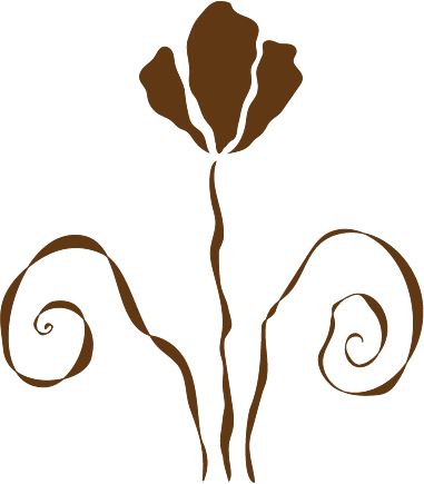 A stylized brown flower with swirling stem and petal details.
