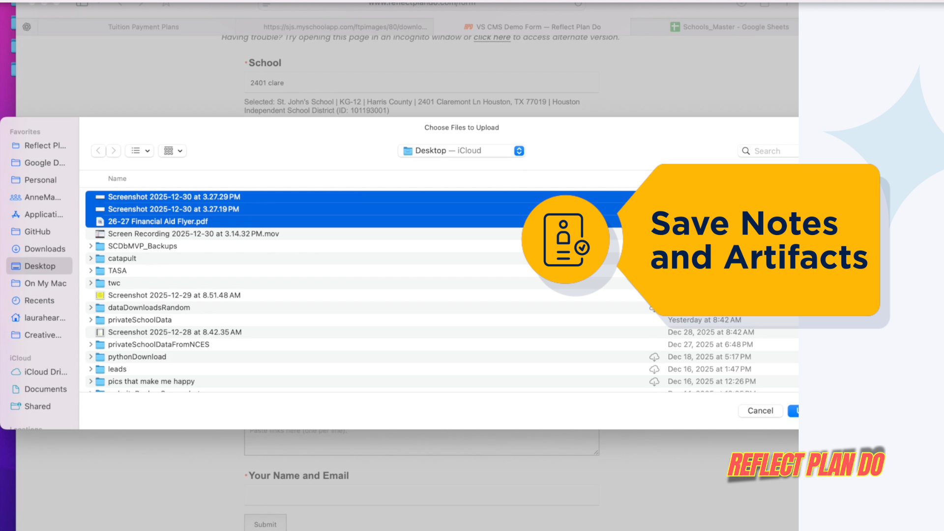 Enter notes and attach or link artifacts straight to the form.    Click to demo the form. Contact Laura for password.  