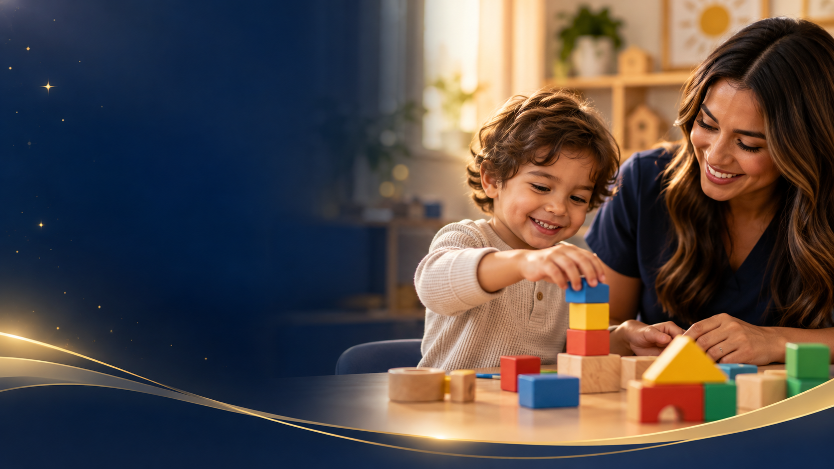 A young boy and a woman, likely his mother, playing with colorful wooden building blocks at a table in a warmly lit room.
